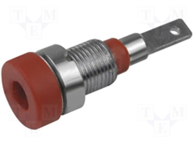 Testera ligzda, 2mm, 10A, L=23mm, šasijai, bez iekšēja aizspiedņa, 2mm banānam, sarkana krasa