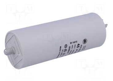 45.0/425VAC, ±5%, elektromotoru kondensators, klemes 6.3mm, 10000h, M8, Ø45x117mm