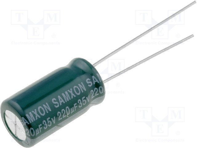 220/35V, 105C, Ø8x16mm, ±20%, Kondensatori zemas induktivitātes, 3000h, SAMXON, ar lokaniem izvadiem