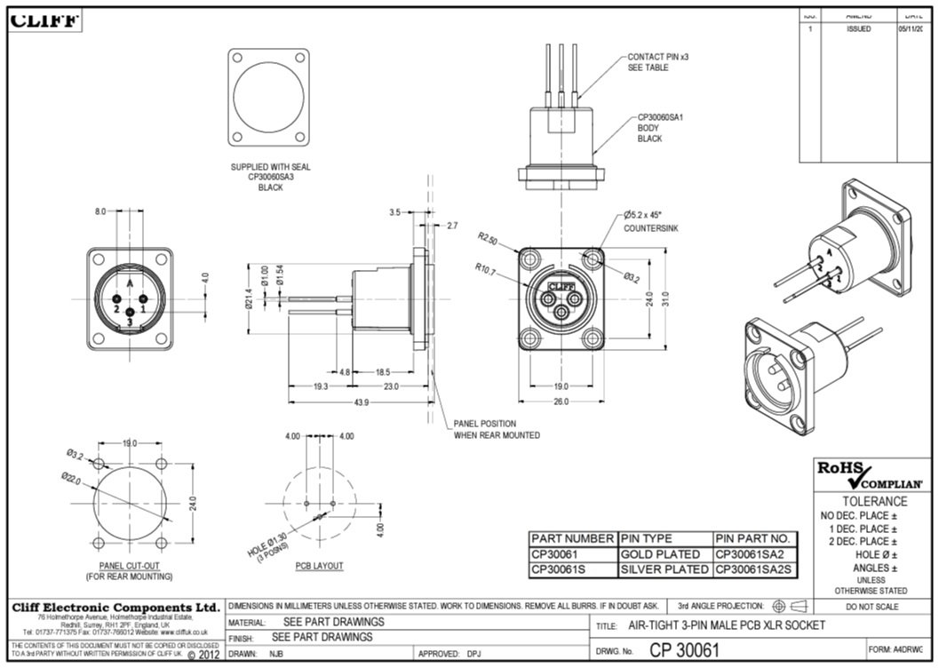 XLR 3PIN, štekers, šasijai ar flanciem (4 skrūves), CLIFF