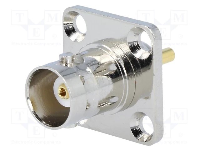 BNC ligzda, šasijai, neizolēts, taisns, 50Ω, uzskrūvējams, kvadrata veida (ar flanciu, 4 skrūves)