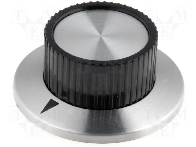 Potenciometru rokturitis Ø23.8x14.8mm, plastmasa, melna/sudrabota krasa, Ø6.4mm, ar skrūvi, svārki Ø36.8mm ar rādītāju