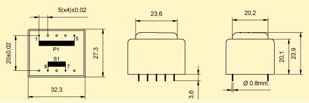 Transformators 220V=>15V, 100mA, 1.5VA, 28x33x22mm