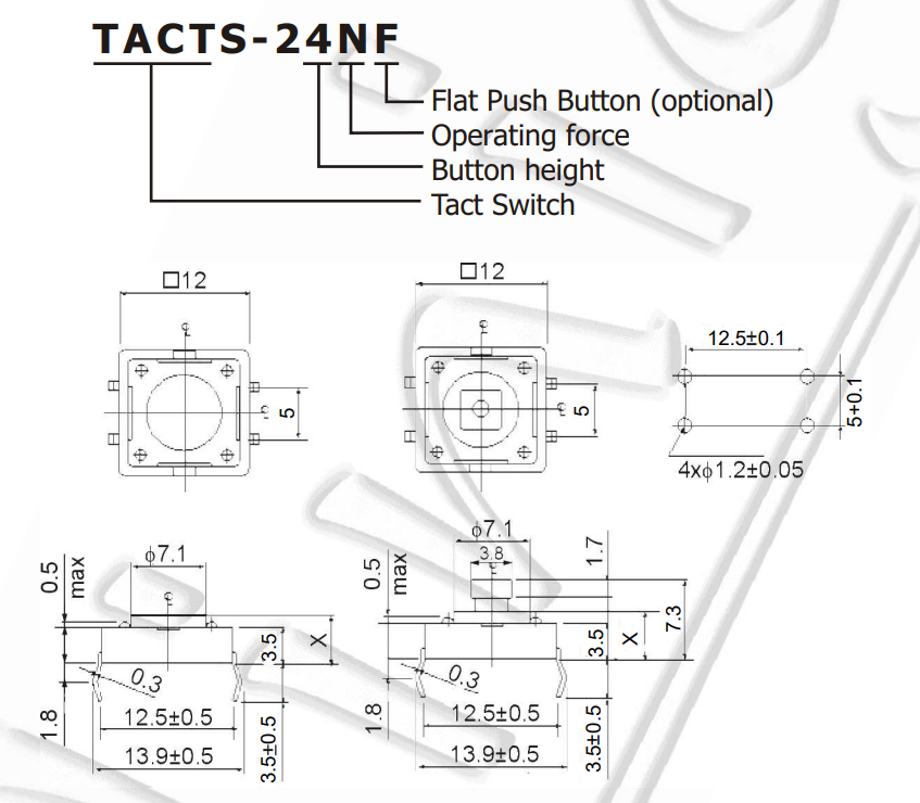 Mikroslēdzejs horizontāls, SPST-NO, OFF-(ON), 0.05A/12VDC, THT, 12x12x4mm, 2.5N, L=3.5mm, kvadrātveida stienis, dzeltena