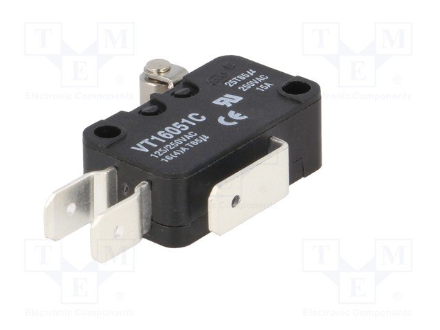 Mikropārslēdzējs ar sviru (ar ruliti) L=12mm, SPDT, ON-(ON), 14A/250VAC, IP40, 27.8x10.3x18.8mm, 6.3x0.8mm, viens kontakts uz pārslēgšanu