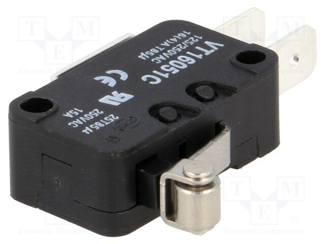 Mikropārslēdzējs ar sviru (ar ruliti) L=12mm, SPDT, ON-(ON), 14A/250VAC, IP40, 27.8x10.3x18.8mm, 6.3x0.8mm, viens kontakts uz pārslēgšanu