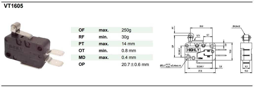 Mikropārslēdzējs ar sviru (ar ruliti) L=12mm, SPDT, ON-(ON), 14A/250VAC, IP40, 27.8x10.3x18.8mm, 6.3x0.8mm, viens kontakts uz pārslēgšanu