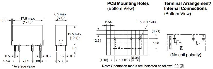 Relejs DC5V, SPST-NO, 5A/250VAC, 5A/30VDC, 125Ω(40mA), viens kontakts uz saslēgšanu, 17.5x6.5x12.5mm, OMRON