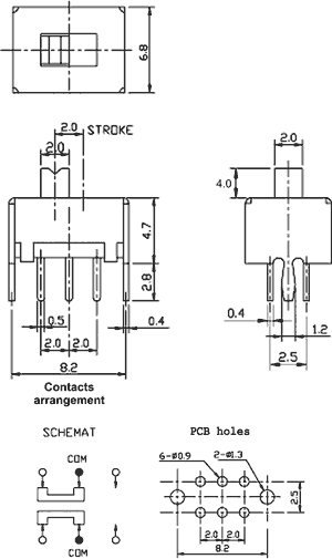 Pārslēdzējs slīdbīdņu DPDT, 0.3A/30VDC, ON-ON, 8.5x6.8x4.7mm, taisns, L=4mm, divi kontakti uz divam stāvoklim