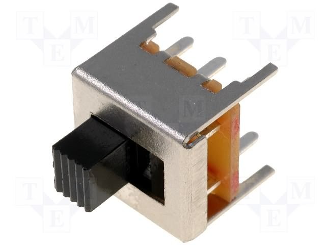 Pārslēdzējs slīdbīdņu DPDT, 0,5A/50VDC; ON-ON,11x10x6.8mm, L=4mm, taisns, divi kontakti uz divam stāvoklim