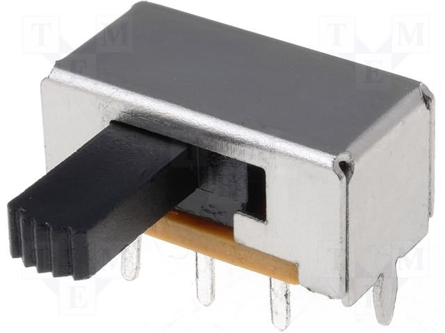 Pārslēdzējs slīdbīdņu DPDT, 1A/125VDC, ON-ON, 20x10x10mm, L=10.9mm, leņķisks, divi kontakti uz divam stāvoklim