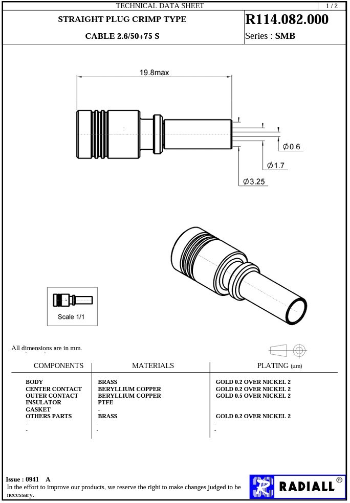 SMB štekers, CRIMP RG174/179/316, centrā ir mama, 50R, 4GHz, Dmax=2.6mm