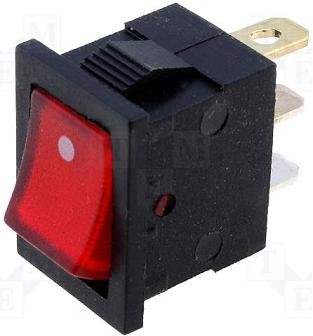 Taustiņslēdzis SPST, ON-OFF, 3A/250VAC, 6A/125VAC, 18.8x12.9x14.4mm, apgaism. neona lamp. (o), sarkana krasa, ar fiksāciju