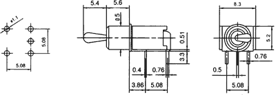Tumblers, SPDT, ON-ON, 1A/250VAC, Ø5mm, lodēšanai, PCB, 8x10x6mm, ar fiksaciju, leņkisks