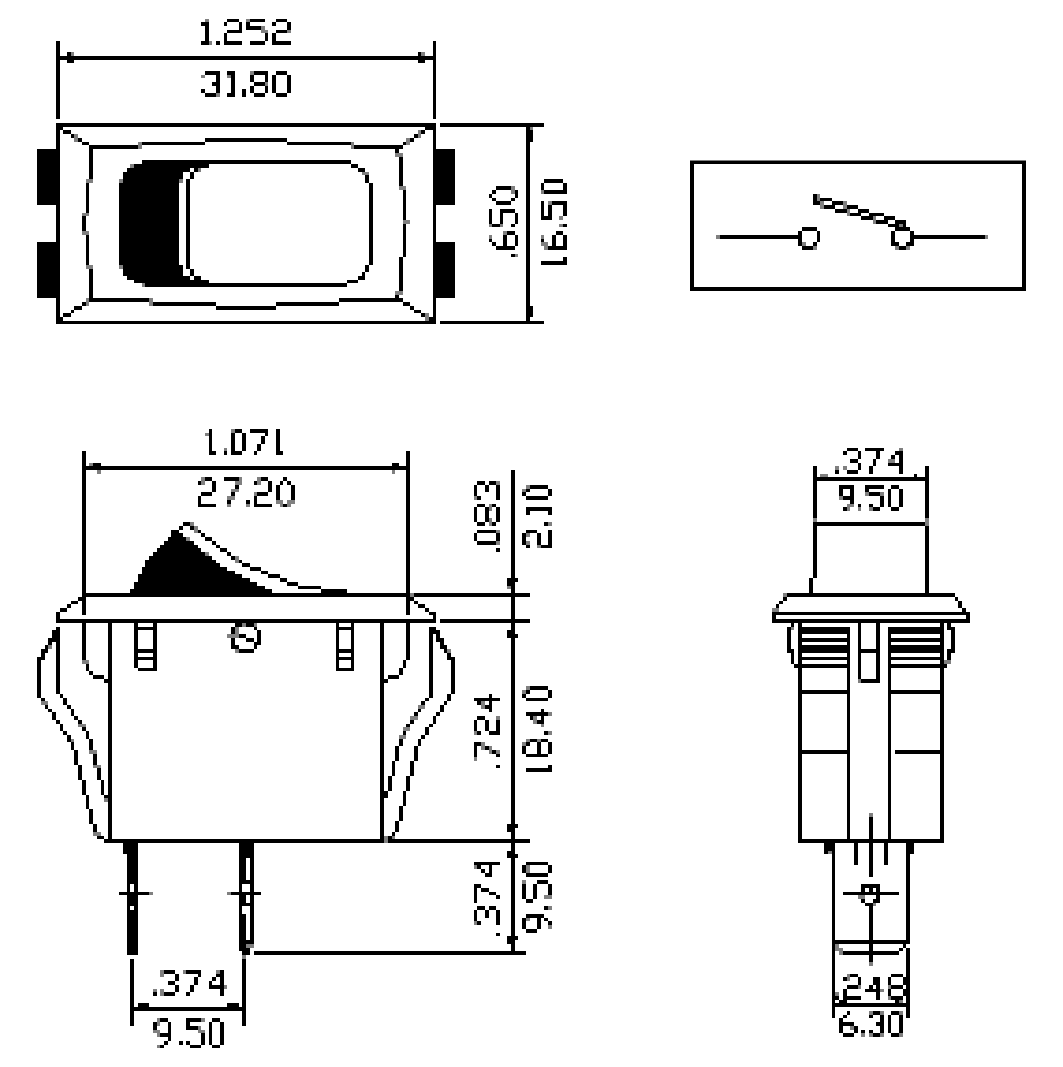 Taustiņslēdzis SPST, ON-OFF, 16A/250VAC, 16.5x32mm, melnā/zaļā krasa, ar fiksāciju