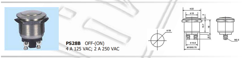 Poga M19x29mm, SPST-NO, OFF-(ON), 2A/250VAC, IP40, metalā, antivandalā, bez fiksacijas