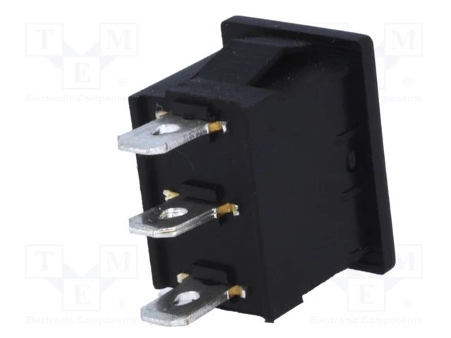 Taustiņslēdzis SP3T, ON-OFF-ON, 3A/250VAC, 18.8x12.9x13.8mm, (--O=), melnā krasa, ar fiksāciju