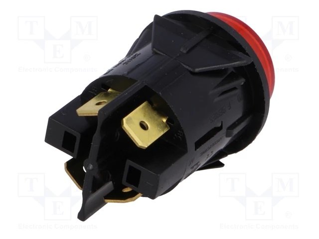 Poga DPST-NO, OFF-ON, 16A/250VAC, 16A/28DAC, 6.3x0.8mm, neona lampiņa sarkana krasa, Ø25mm, ar fiksaciju