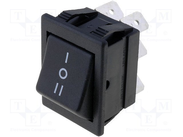 Taustiņslēdzis DP3T, ON-OFF-ON, 16A/250VAC, 20A/28VDC, 25x32mm, (--O=) melnā krasa, ar fiksāciju