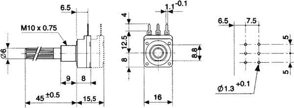 4K7 stereo, 16x16mm, D=6mm, L=40mm, 200mW, potenciometrs ar lineare atkarību