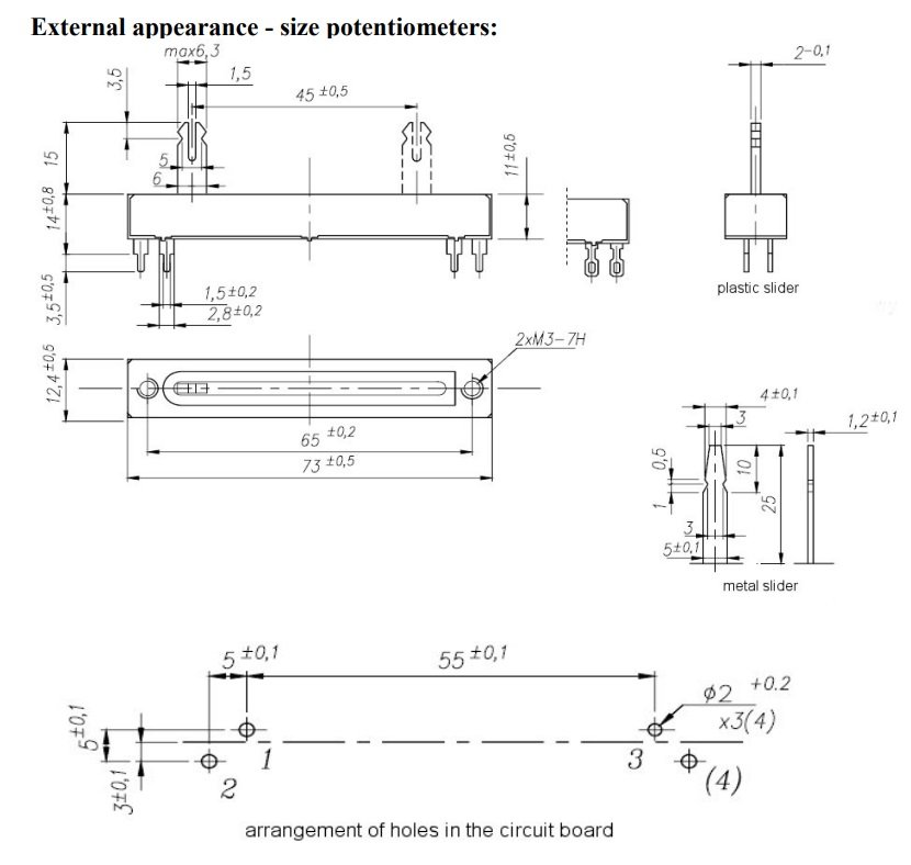 470R, slīdbīnžu potenciometrs, lineare atkarība, MONO, 250mW, 73x11x12mm