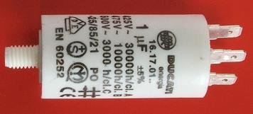 1.0/475VAC, ±5%, elektromotoru kondensators, klemes 6.3mm, 10000h, M8, Ø28x55mm