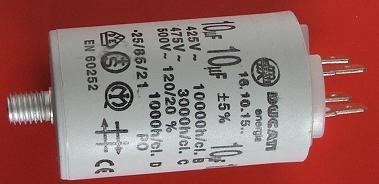 10.0/425VAC, ±5%, elektromotoru kondensators, klemes 6.3mm, 10000h, M8, Ø36x58mm