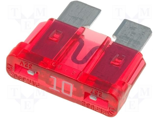 Drošinātājs auto standarta 10A, 32V, 19 x 18.8 x 5.1mm