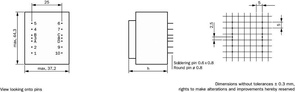 Transformators 220V=>12V, 500mA, 6VA, 45x38x32mm
