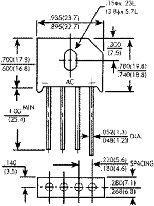RS602 Tiltiņš 100V, 6A, 23.7x19.8x7mm, plakans, vertikāls => B100C6000A