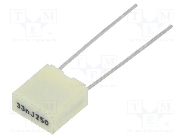 33nF/250VDC, 160VAC, ±5%, poliesters kondensātors, 5mm, 7.2x3.5x7.5mm, KEMET