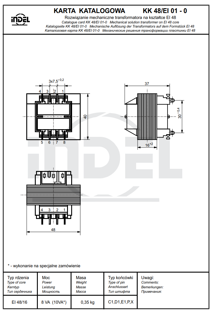 Transformators 220V=>12V, 500mA, 6VA, 48x40x37mm