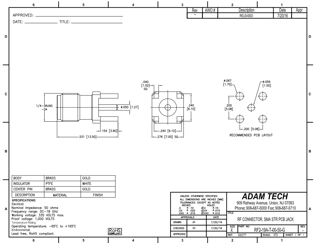 SMA ligzda, taisns, vertikalais, šasijai, 6x6mm