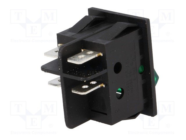 Taustiņslēdzis DPST, ON-OFF, 15A/250VAC, 26x34mm, apgaism. neona lamp., (--O), zaļā krasa, ar fiksāciju