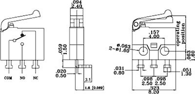 Mikropārslēdzējs ar sviru L=8mm, SPDT, ON-(ON), 0.5A/30VDC, IP40, 8.2x2.7x6.8mm, leņķisks, viens kontakts