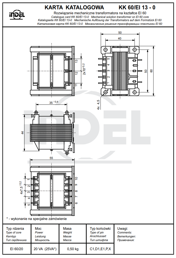 Transformators 220V=>12V/500mA+9V/600mA, 20VA, 50x60x55mm