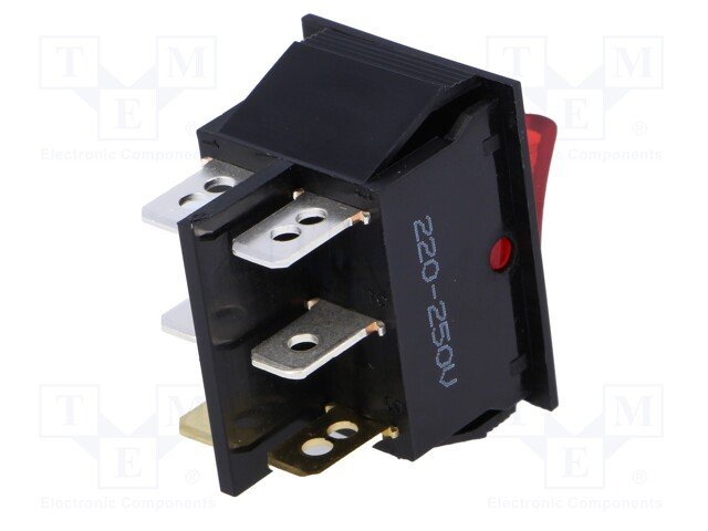 Taustiņslēdzis SPSTx2, OFF-ON + OFF+ON, 10A/250VAC, 32x22x26.6mm, ar apgaism. neon. spul., sarkanā krasa, ar fiksāciju