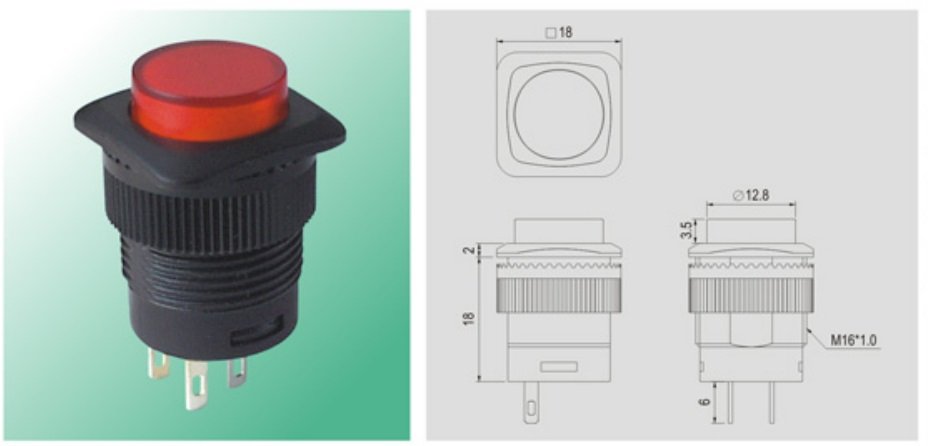 Poga SPST-NO, OFF-(ON), 1.5A/250VAC, M16, 18x18x23.5mm, sarkana krasa, plastmasas, bez fiksacijas