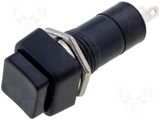 Poga SPST-NO, OFF-ON, 1A/250VAC, Ø12mm, 14x14x35.2mm, melnā krasa, ar fiksaciju