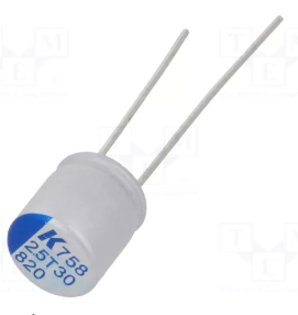 820/2.5V, -55÷105°C, Ø8x8mm, ±20%, polimēru kondensātors, ESR:15mΩ