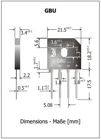 GBU4J diožu tilts, 600V, 4A, 21.5x18.2x3.4mm, plakans, vertikāls