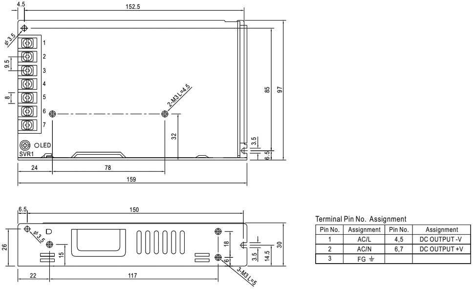 Barošanas bloks 220V=>24V(21.6...28.8V DC), 6.5A, 156W, 159x97x30mm, 0.64kg, modulis, MEAN WELL