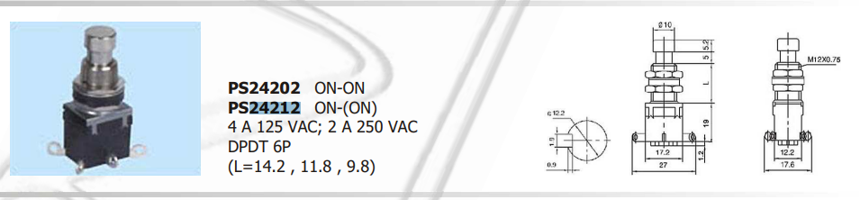 Poga M12, DPDT, ON-(ON), 2A/250VAC, M12, divi kontakti uz parslegsanu, bez fiksacijas