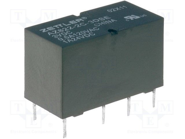 Relejs DC3V, DPDT, 2x0.5A/120VAC, 2x1A/24VDC, 60R(50mA), IP64, divi kontakti uz pārslēgšanu, 20x9.8x12mm, ZETTLER