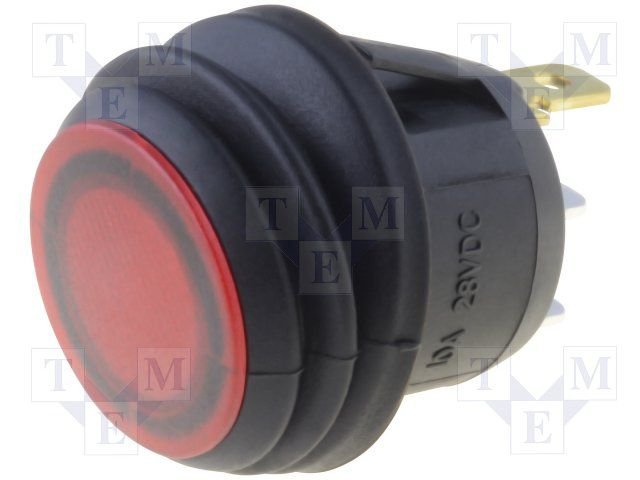 Taustiņslēdzis SPST, OFF-(ON), 10A/28VDC, IP65, LED24VDC, Ø20.2mm, sarkans, bez fiksācijas