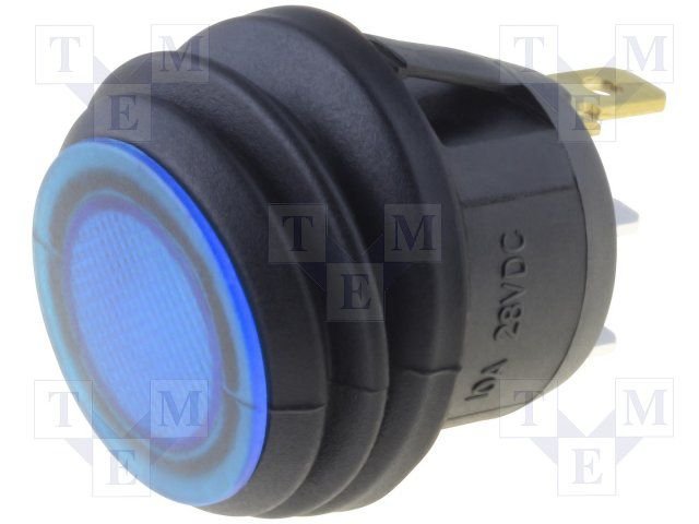 Taustiņslēdzis SPST, OFF-(ON), 10A/28VDC, IP65, LED24VDC, Ø20.2mm, zils, bez fiksācijas