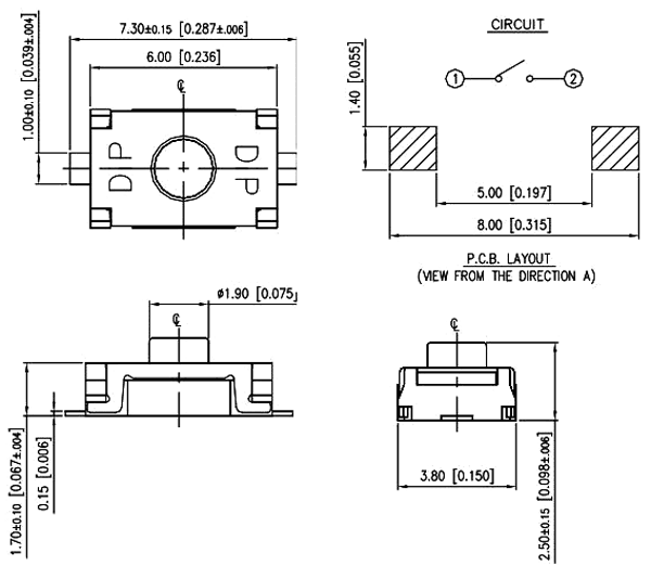 Mikroslēdzejs horizontāls, SPST-NO, OFF-(ON), 0.025A/24VDC, SMD, 6x3.8x2.5mm, 2N, L=0.8mm, IP40