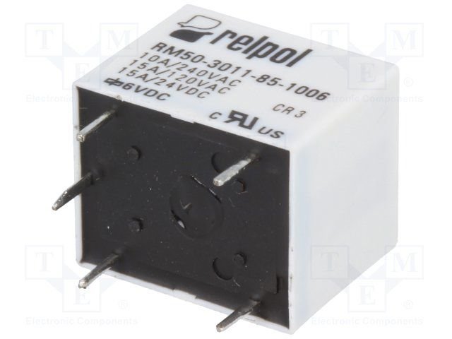 Relejs DC6V, SPDT, 10A/250VAC, 15A/24VDC, 100R(50mA), viens kontakts uz pārslēgšanu, 19x15.4x15.5mm, RELPOL
