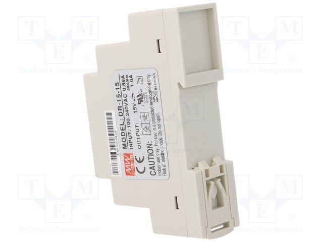 Barošanas avots, 15V, 1A, 15W, 85÷264VAC, DIN sliedei, Mean Well