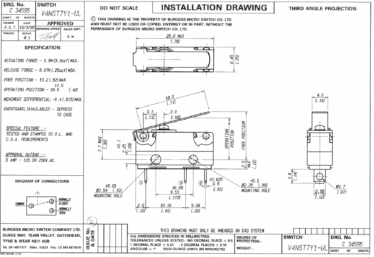 Mikropārslēdzējs ar sviru L=18mm, SPDT, ON-(ON), 5A/250VAC, IP67, 20x6.4x17.5mm,  viens kontakts uz parslēgšanu